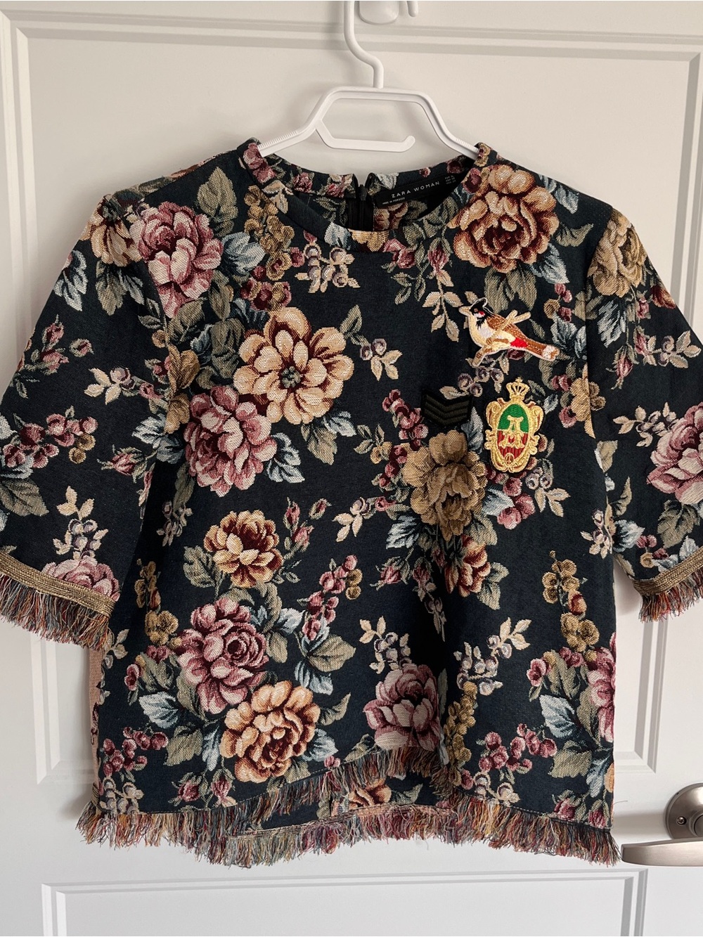 Zara Black Floral Fringe Top with Multicolor Blossoms
